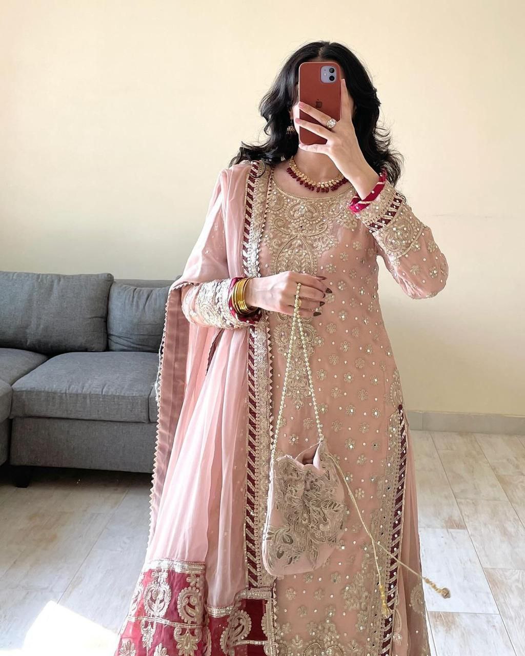 Teeya Creation Peach Color Faux Georgette Heavy Embroidery Work Pakistani Style Fully Stiched Palazo Set
