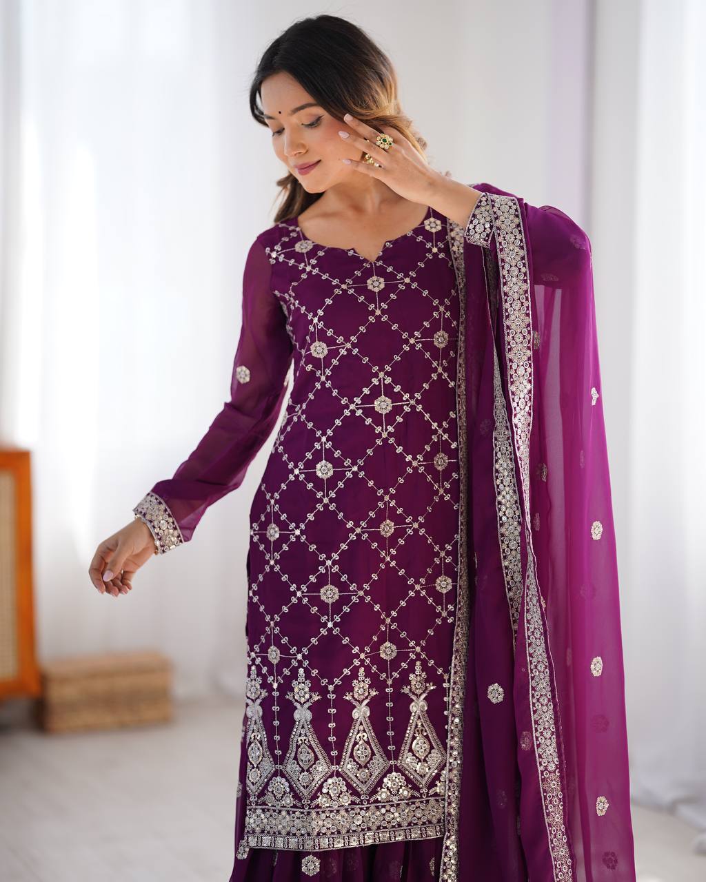 Teeya Creation Wine Color Faux Georgette Embroidery Work Fully Stitched Salwar Suit - Distacart