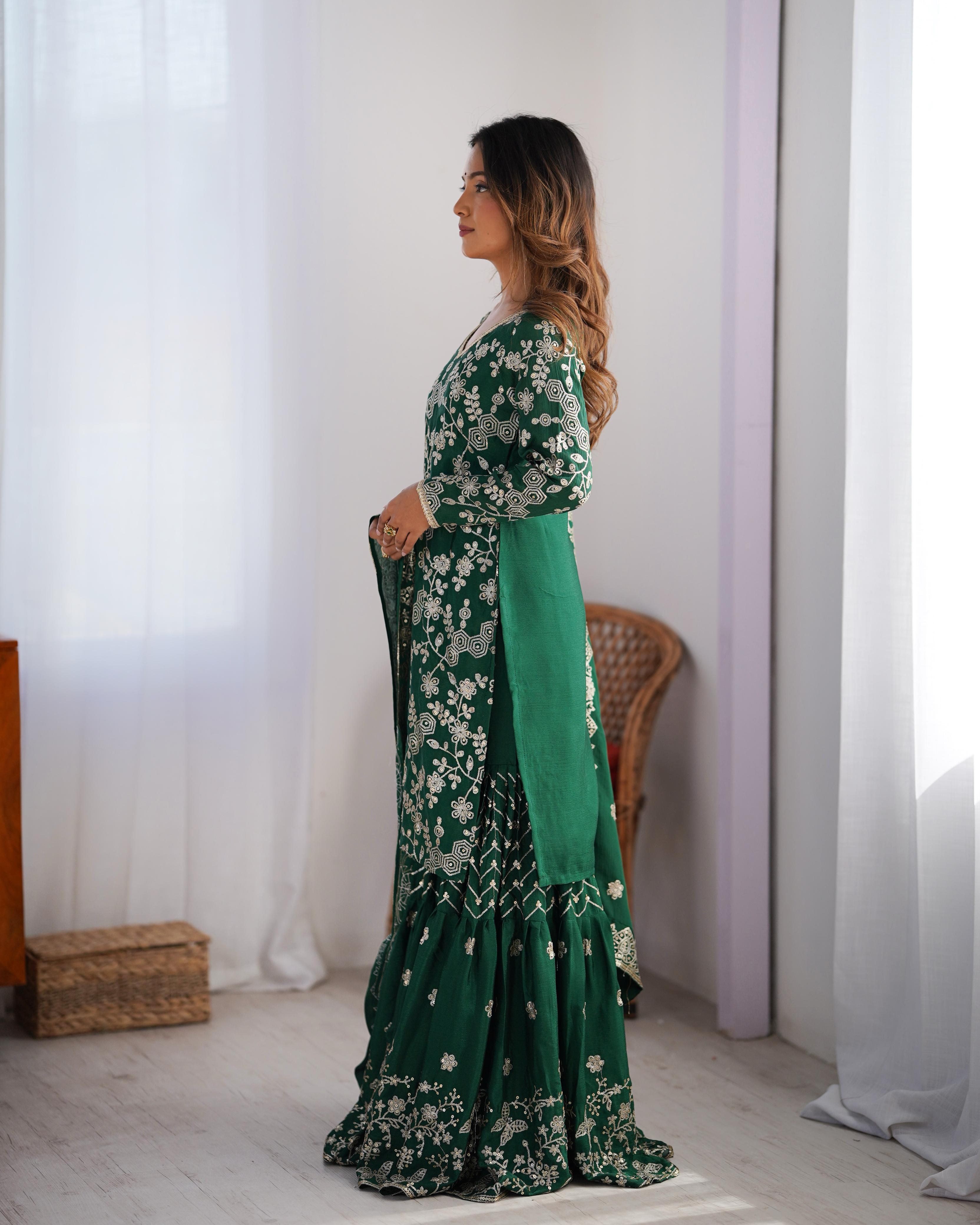 Teeya Creation Green Color Chinnon Silk Embroidery Work Fully Stitched Salwar Suit - Distacart