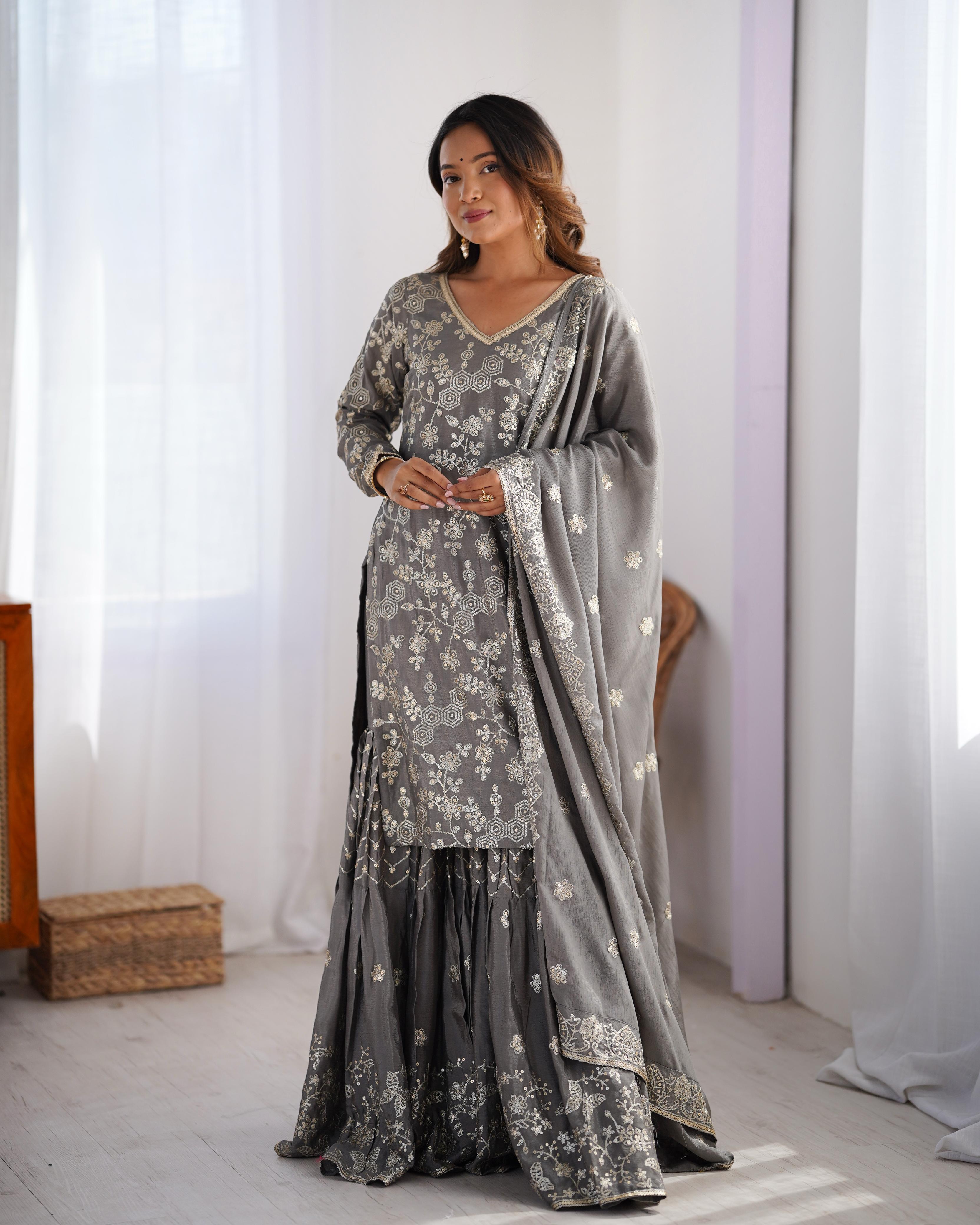 Teeya Creation Grey Color Chinnon Silk Embroidery Work Fully Stitched Salwar Suit - Distacart
