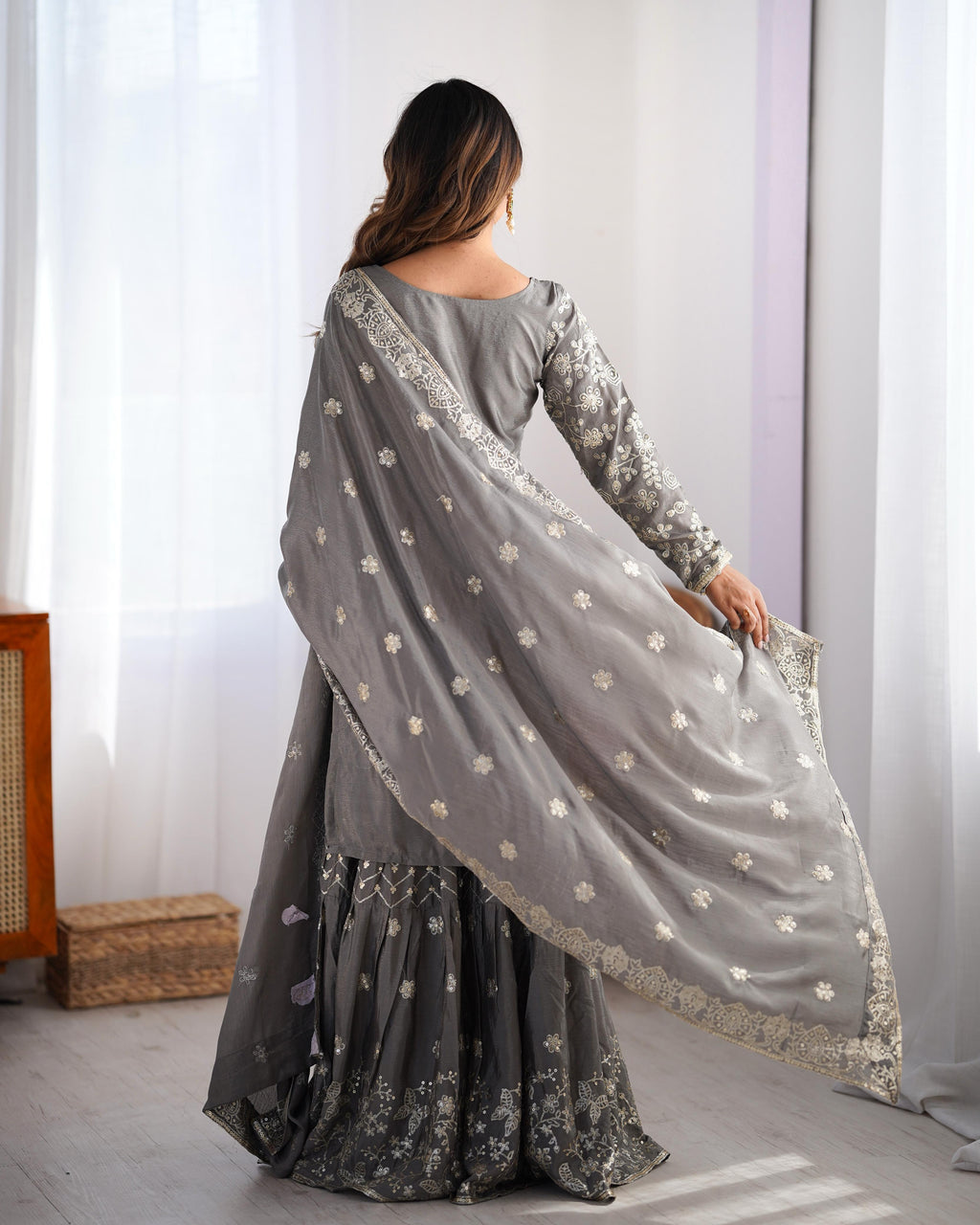 Teeya Creation Grey Color Chinnon Silk Embroidery Work Fully Stitched Salwar Suit - Distacart