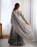 Teeya Creation Grey Color Chinnon Silk Embroidery Work Fully Stitched Salwar Suit - Distacart