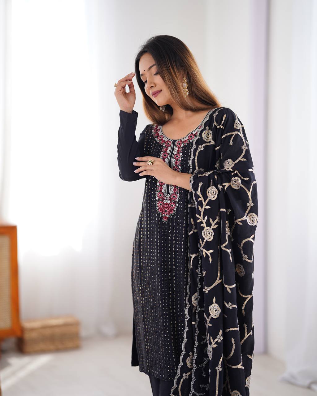 Teeya Creation Black Color Chinnon Silk Embroidery Work Fully Stitched Pakistani Suit - Distacart