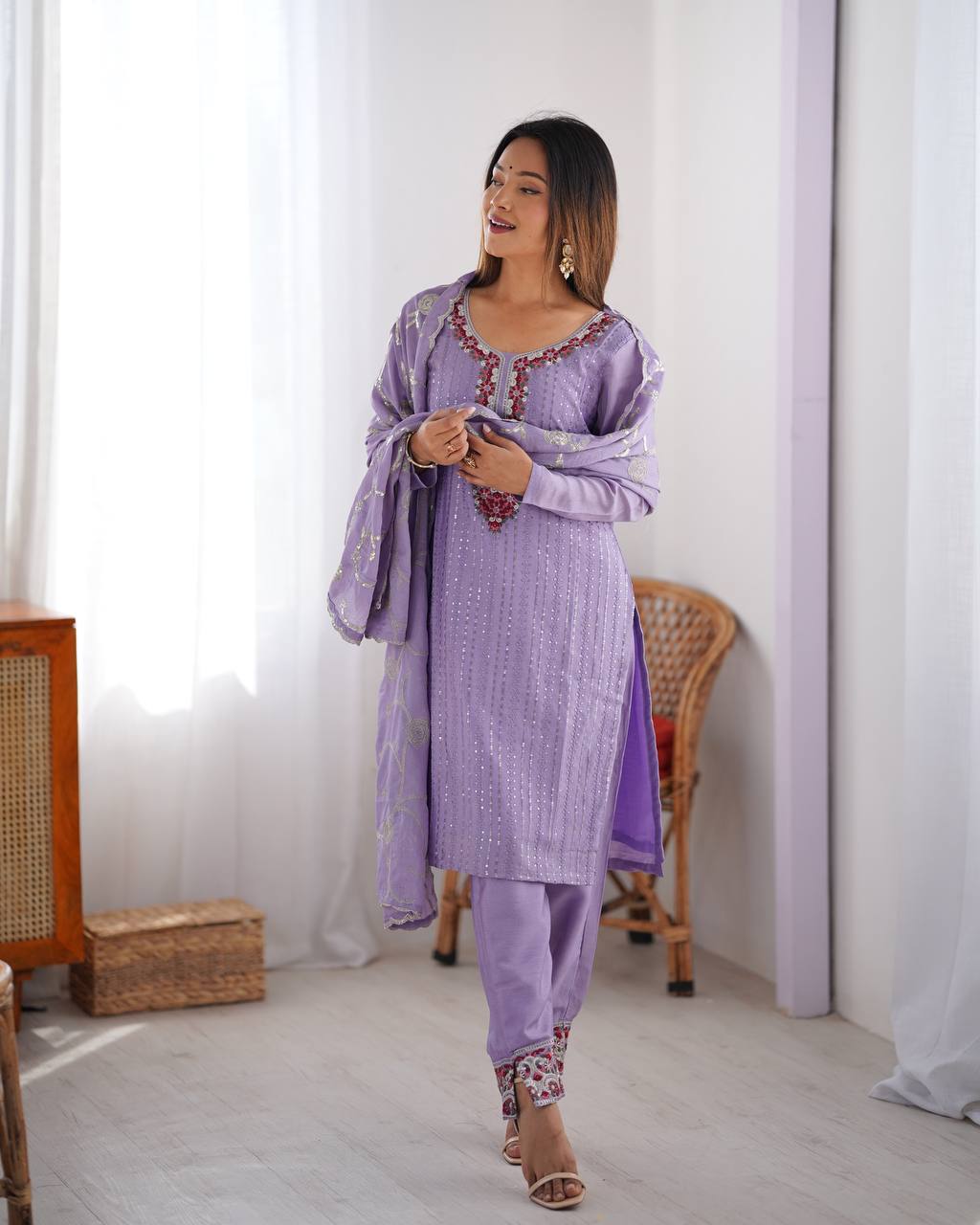 Teeya Creation Lavender Color Chinnon Silk Embroidery Work Fully Stitched Pakistani Suit - Distacart