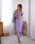 Teeya Creation Lavender Color Chinnon Silk Embroidery Work Fully Stitched Pakistani Suit - Distacart