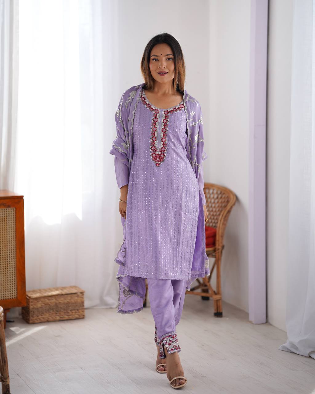 Teeya Creation Lavender Color Chinnon Silk Embroidery Work Fully Stitched Pakistani Suit - Distacart