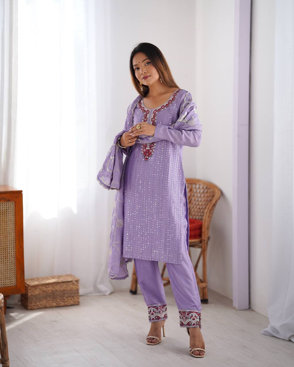 Teeya Creation Lavender Color Chinnon Silk Embroidery Work Fully Stitched Pakistani Suit - Distacart