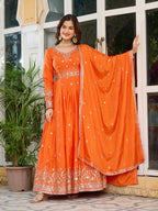 Teeya Creation Orange Color American Silk Embroidery Work Fully Stitched Gown - Distacart