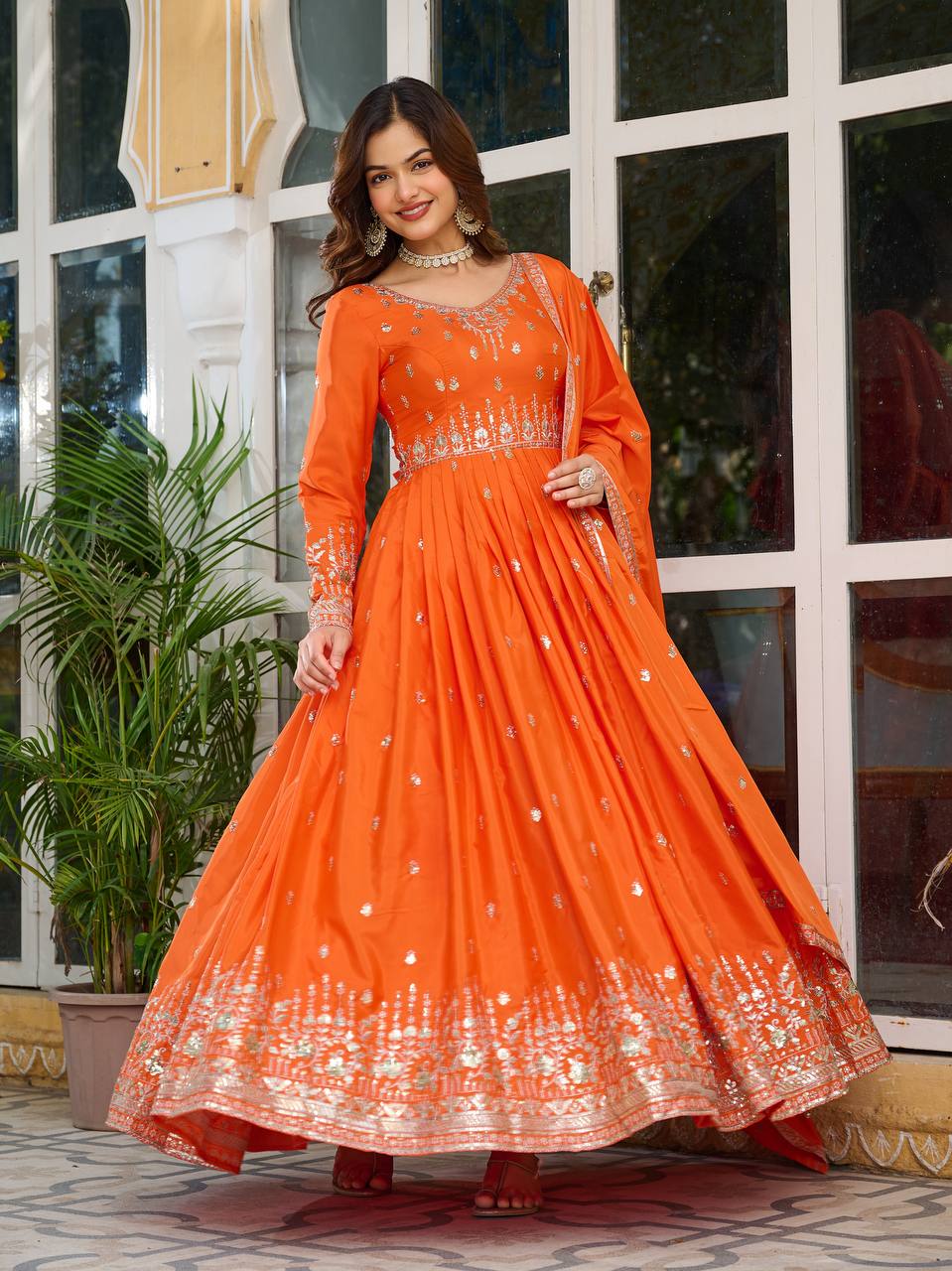Teeya Creation Orange Color American Silk Embroidery Work Fully Stitched Gown - Distacart