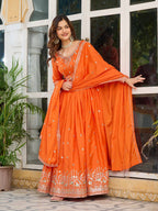 Teeya Creation Orange Color American Silk Embroidery Work Fully Stitched Gown - Distacart
