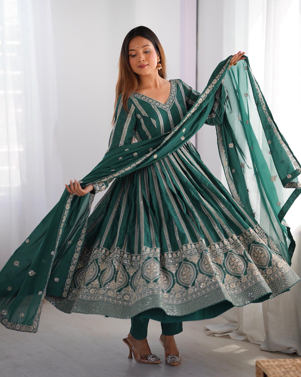 Teeya Creation Green Color Star Georgette Embroidery Work Fully Stitched Gown - Distacart