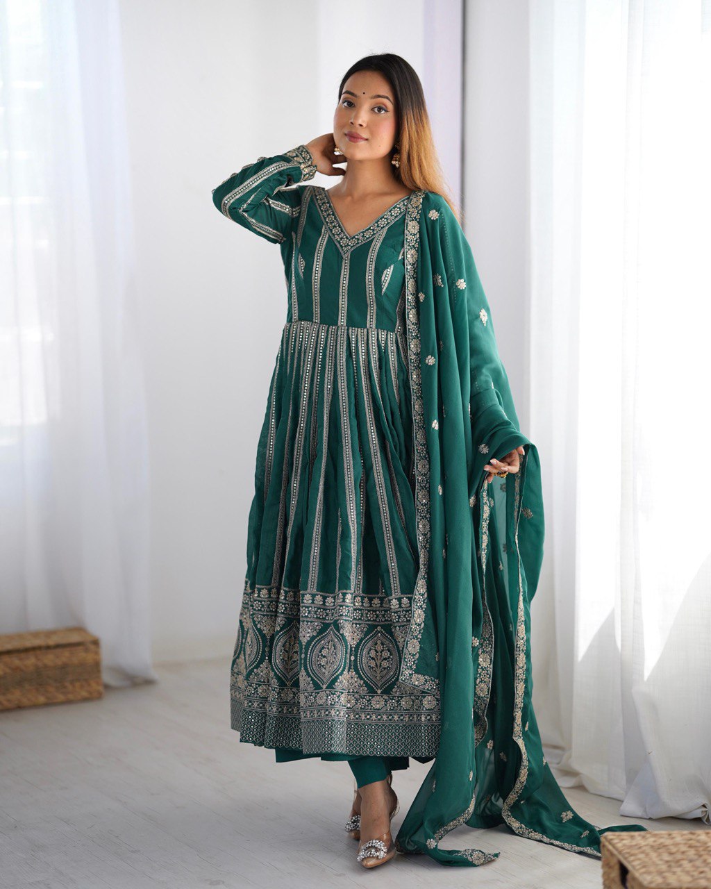 Teeya Creation Green Color Star Georgette Embroidery Work Fully Stitched Gown - Distacart