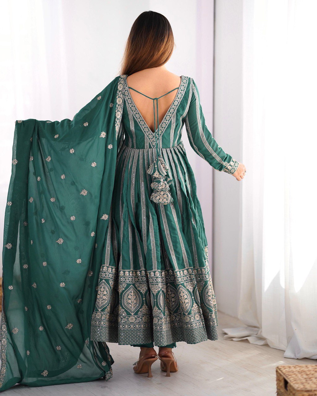 Teeya Creation Green Color Star Georgette Embroidery Work Fully Stitched Gown - Distacart