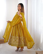 Teeya Creation Yellow Color Star Georgette Embroidery Work Fully Stitched Gown - Distacart