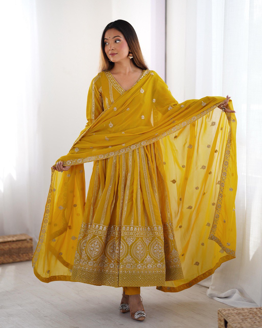 Teeya Creation Yellow Color Star Georgette Embroidery Work Fully Stitched Gown - Distacart