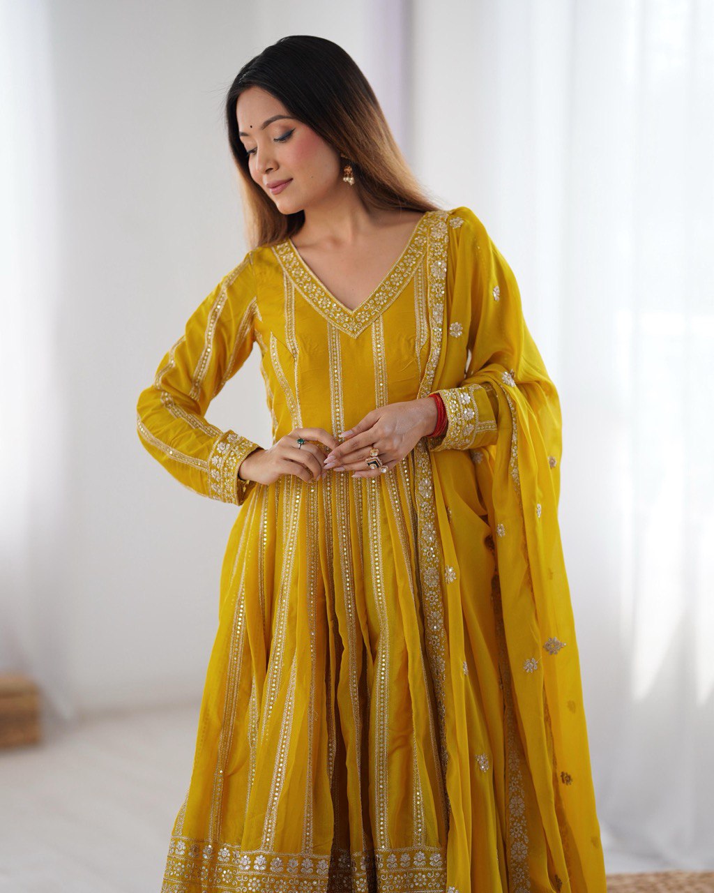 Teeya Creation Yellow Color Star Georgette Embroidery Work Fully Stitched Gown - Distacart