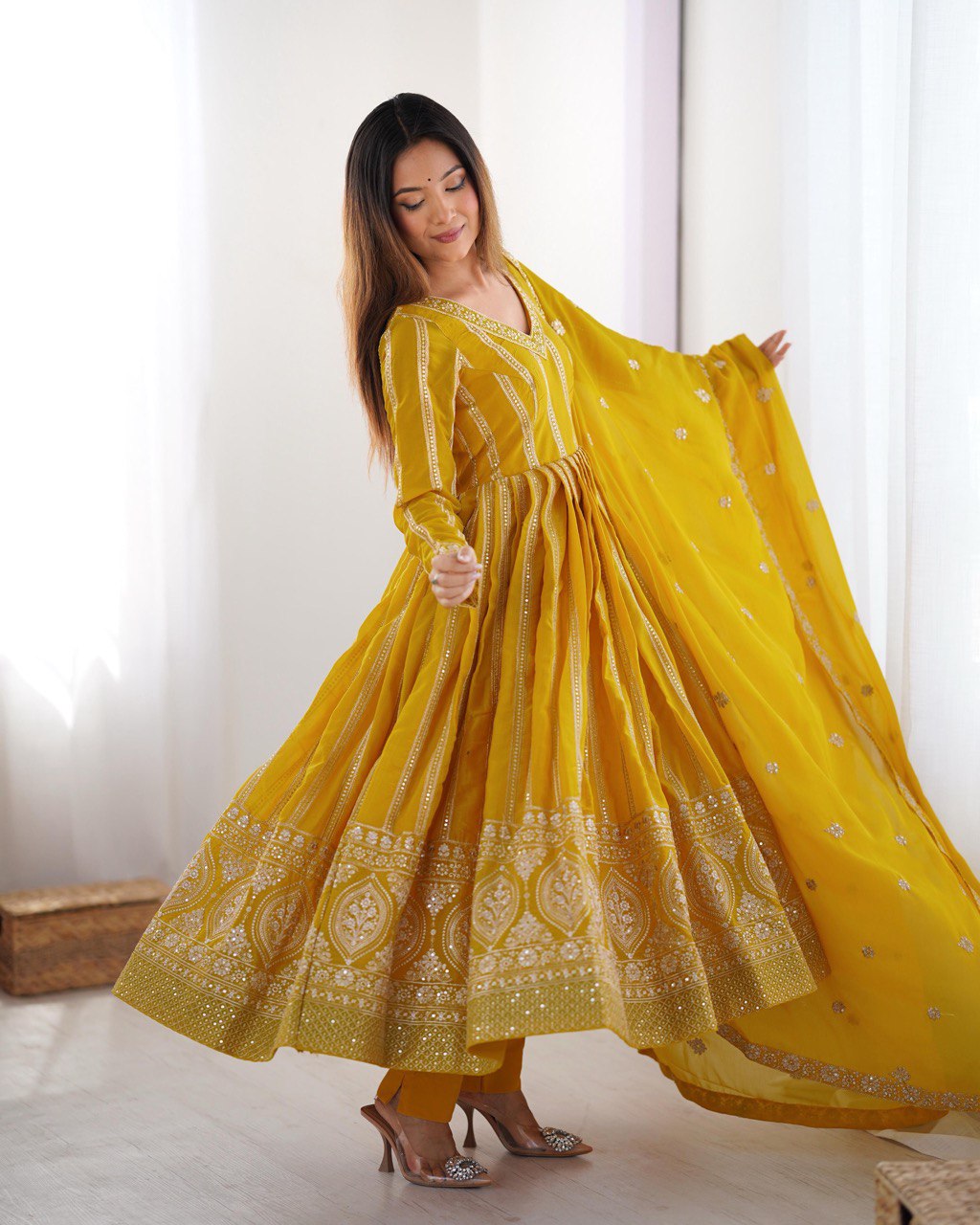 Teeya Creation Yellow Color Star Georgette Embroidery Work Fully Stitched Gown - Distacart