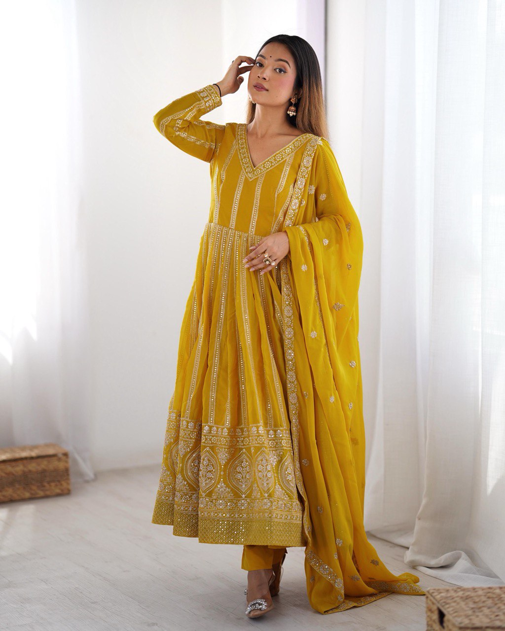 Teeya Creation Yellow Color Star Georgette Embroidery Work Fully Stitched Gown - Distacart