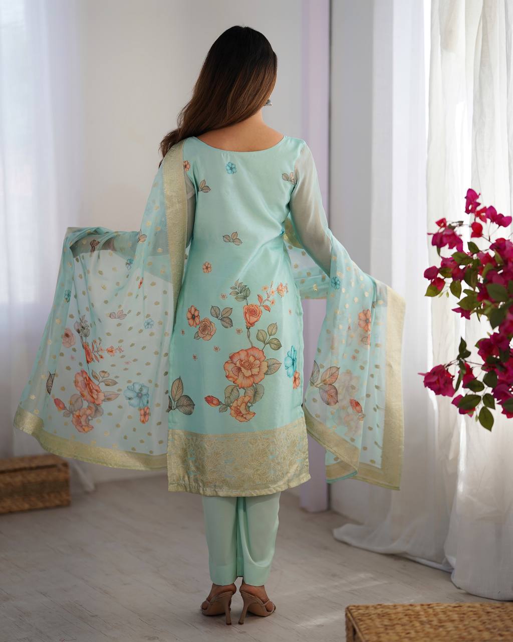 Teeya Creation Sky Color Chanderi Silk Embroidery Work Fully Stitched Pakistani Suit - Distacart