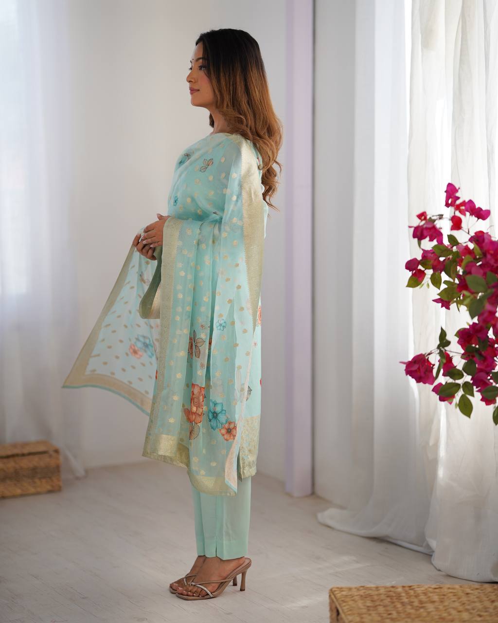 Teeya Creation Sky Color Chanderi Silk Embroidery Work Fully Stitched Pakistani Suit - Distacart