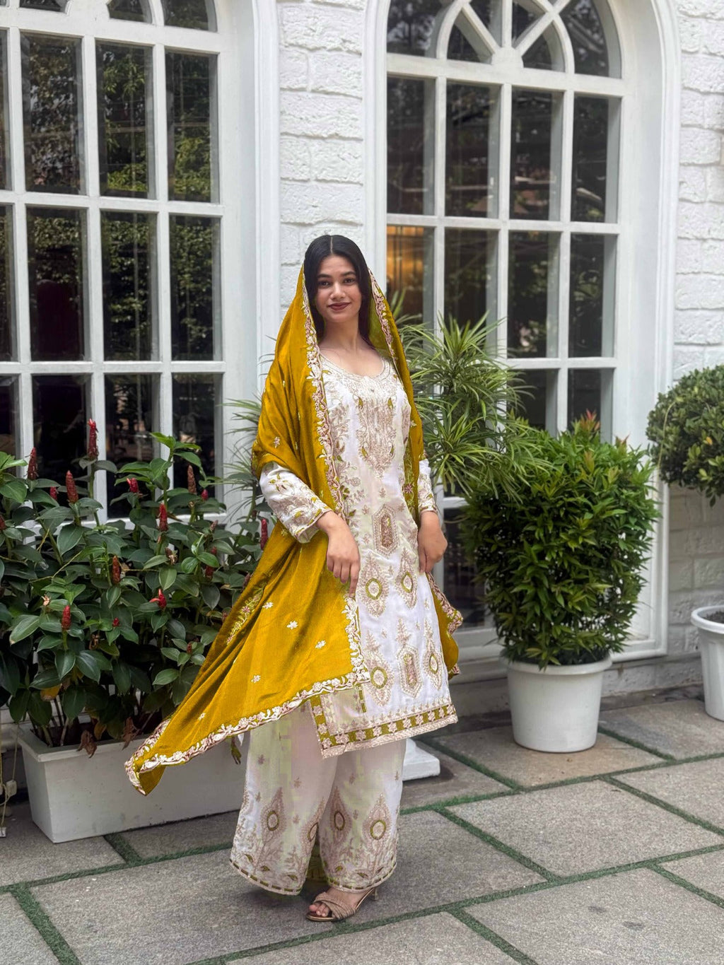 Teeya Creation White Color Chinnon Silk Embroidery Work Fully Stitched Pakistani Suit - Distacart
