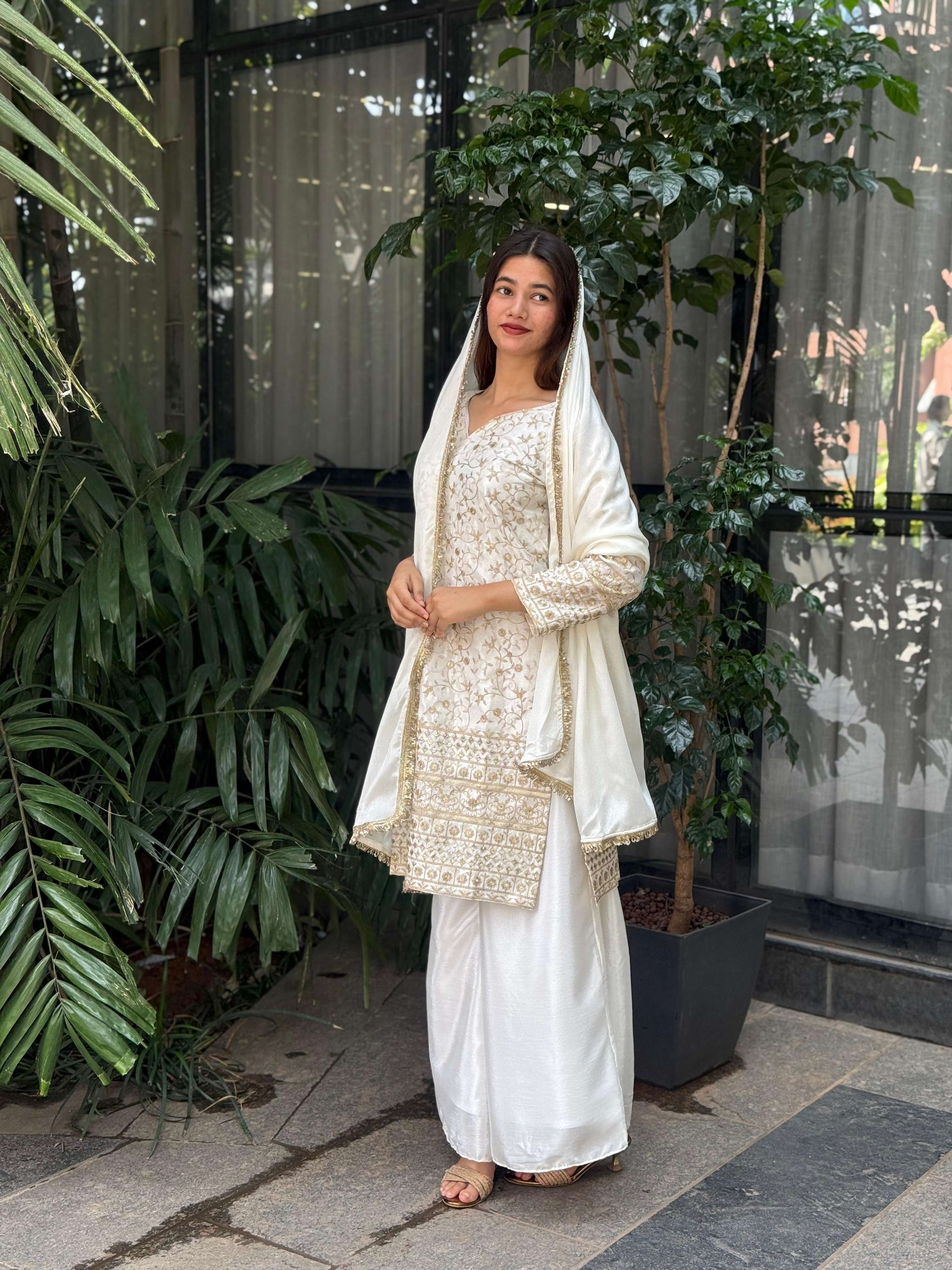 Teeya Creation White Color Chinnon Silk Embroidery Work Fully Stitched Pakistani Suit - Distacart