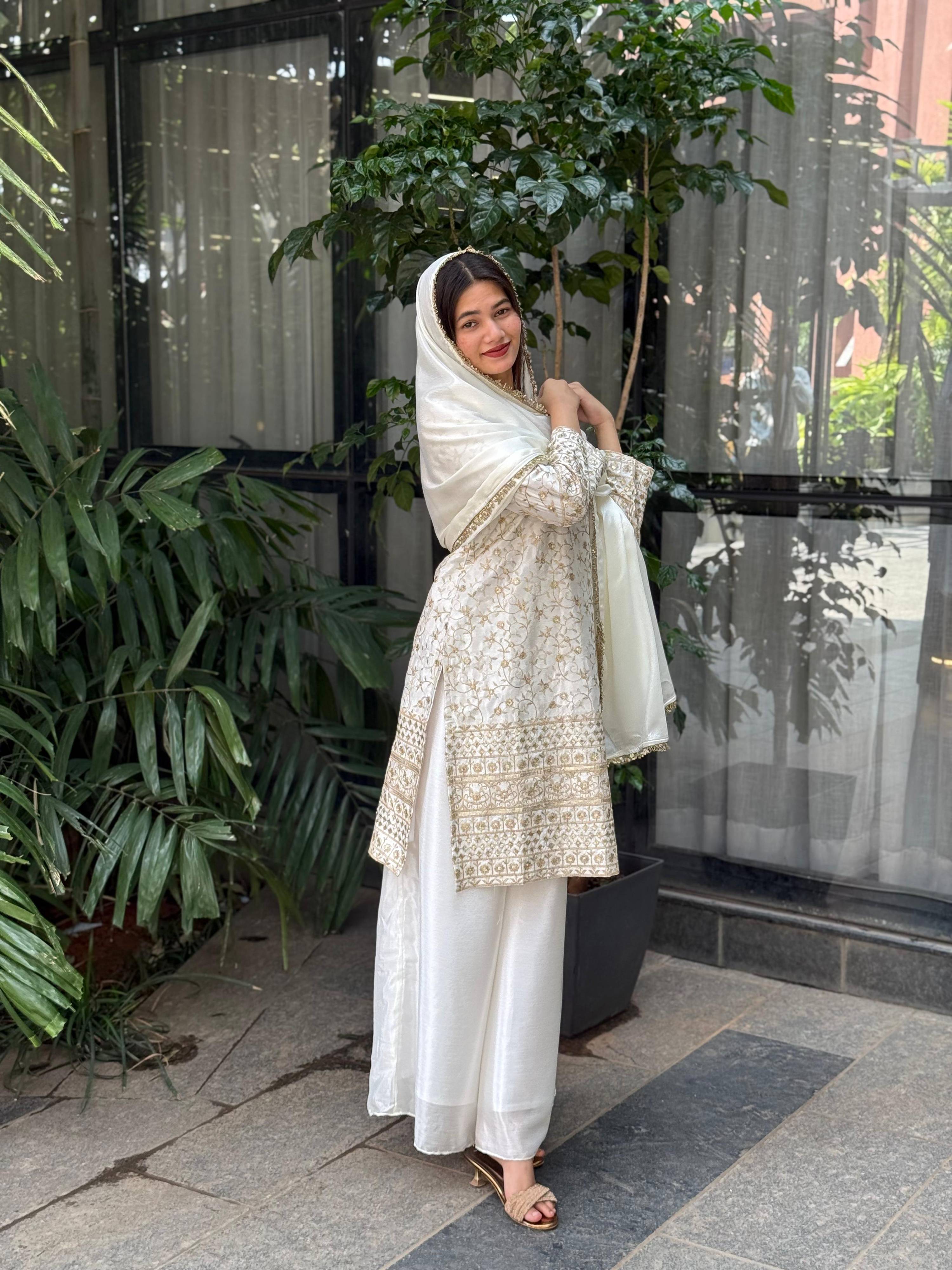 Teeya Creation White Color Chinnon Silk Embroidery Work Fully Stitched Pakistani Suit - Distacart