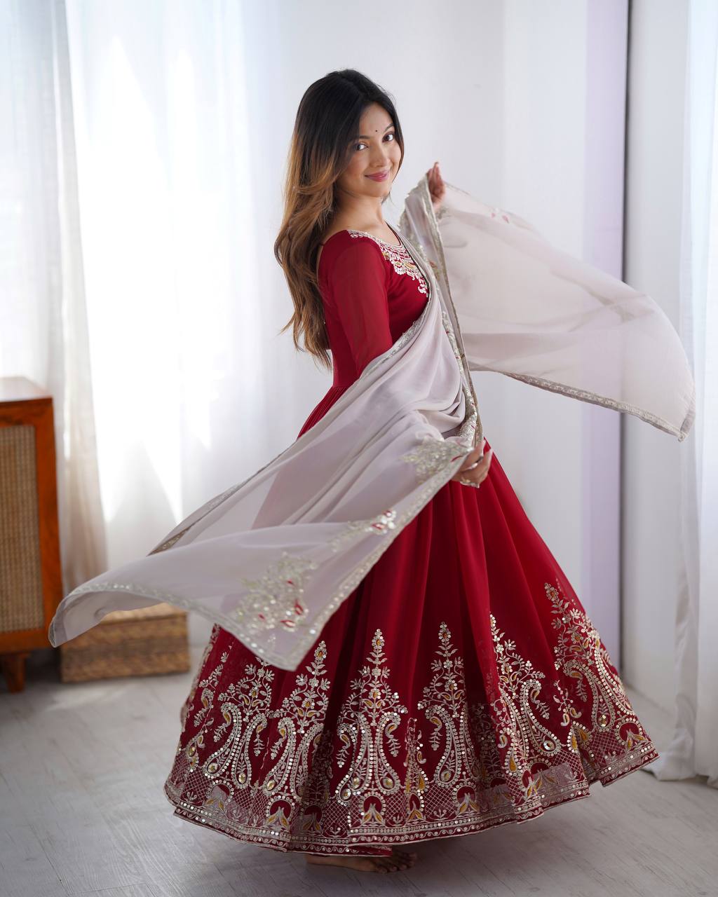 Teeya Creation Maroon Color Heavy Georgette Embroidery Work Fully Stitched Gown - Distacart