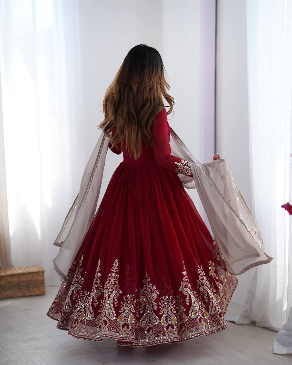 Teeya Creation Maroon Color Heavy Georgette Embroidery Work Fully Stitched Gown - Distacart