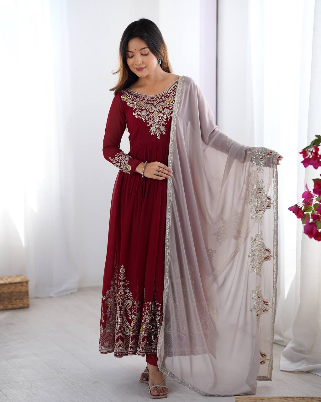 Teeya Creation Maroon Color Heavy Georgette Embroidery Work Fully Stitched Gown - Distacart