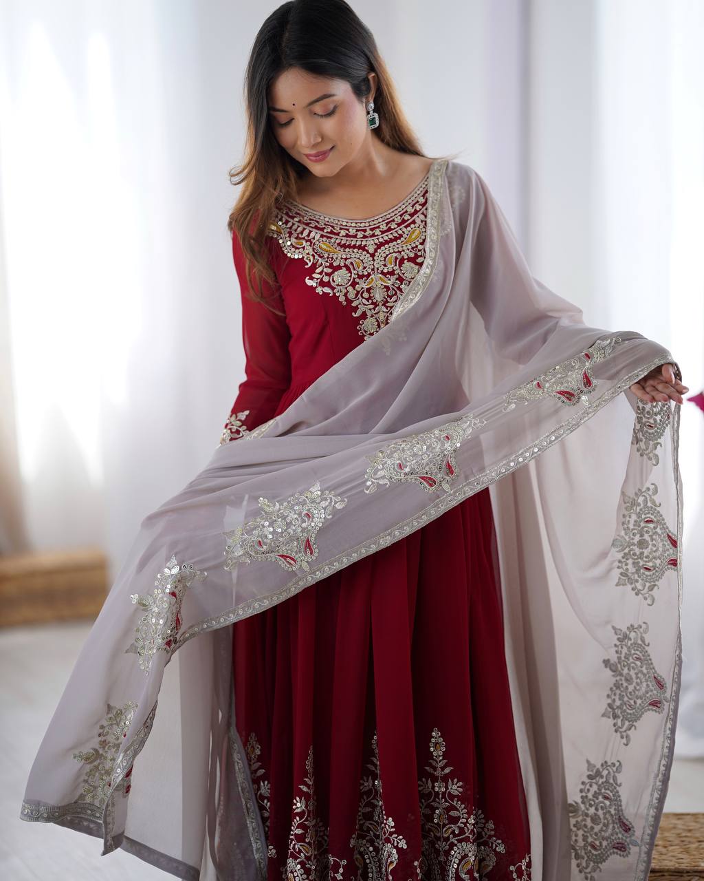Teeya Creation Maroon Color Heavy Georgette Embroidery Work Fully Stitched Gown - Distacart