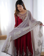 Teeya Creation Maroon Color Heavy Georgette Embroidery Work Fully Stitched Gown - Distacart