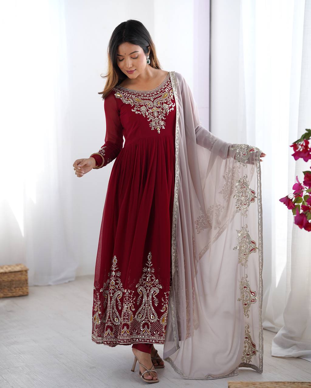 Teeya Creation Maroon Color Heavy Georgette Embroidery Work Fully Stitched Gown - Distacart