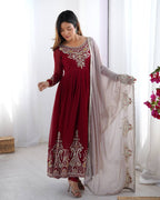 Teeya Creation Maroon Color Heavy Georgette Embroidery Work Fully Stitched Gown - Distacart