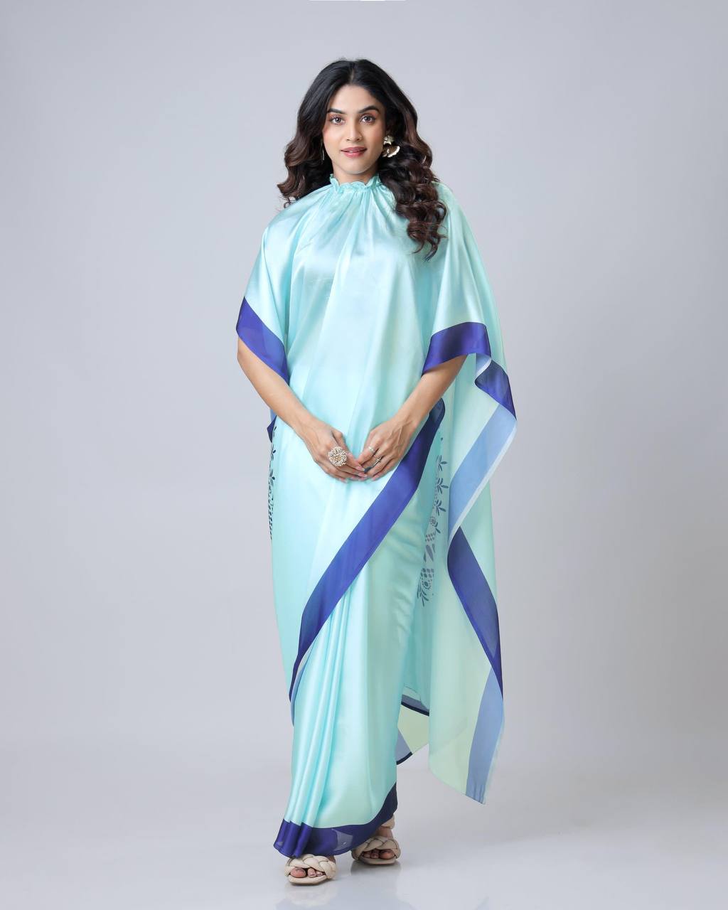 Teeya Creation Blue Color Japan Satin Silk Digital Print Ready To Wear Saree