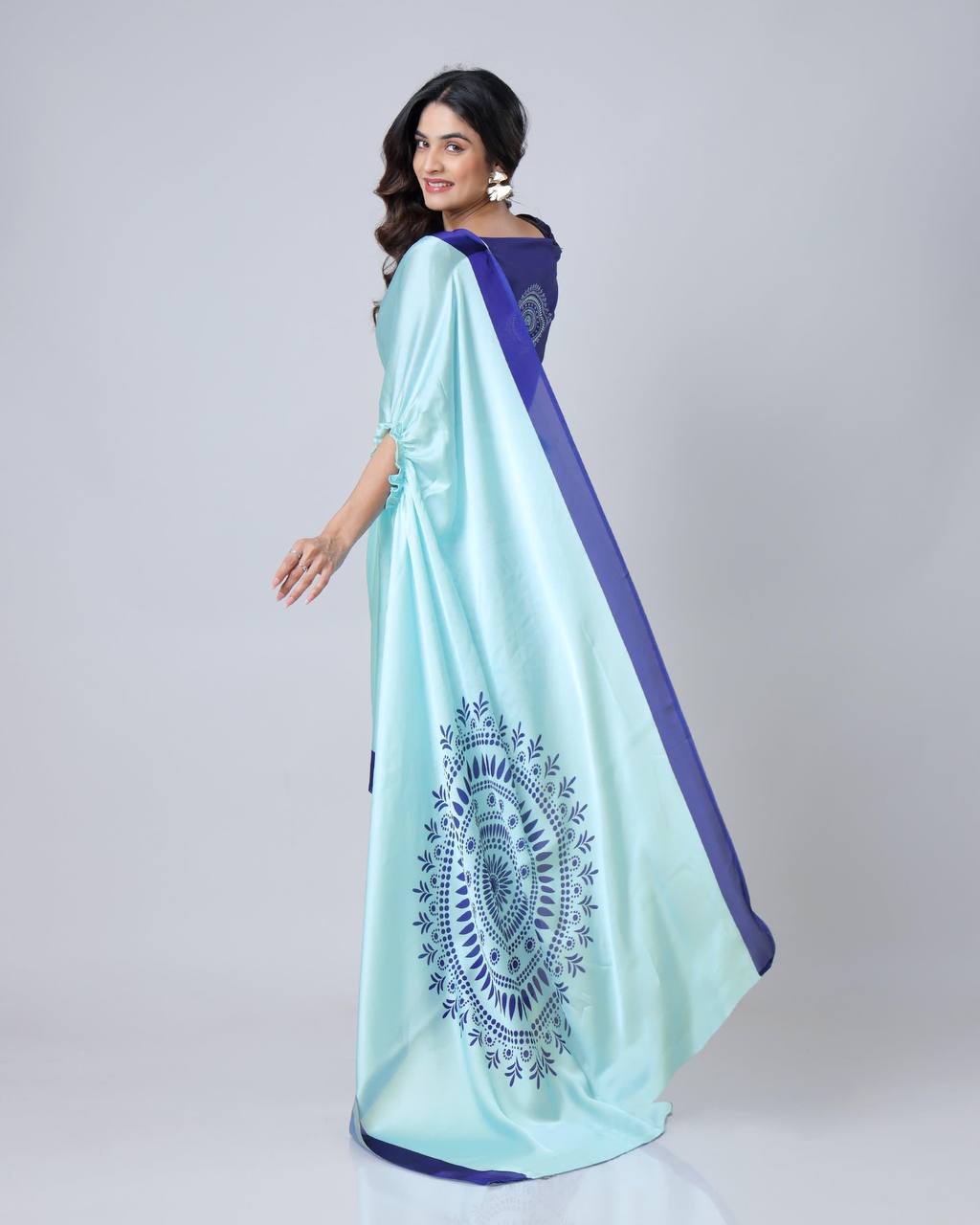 Teeya Creation Blue Color Japan Satin Silk Digital Print Ready To Wear Saree