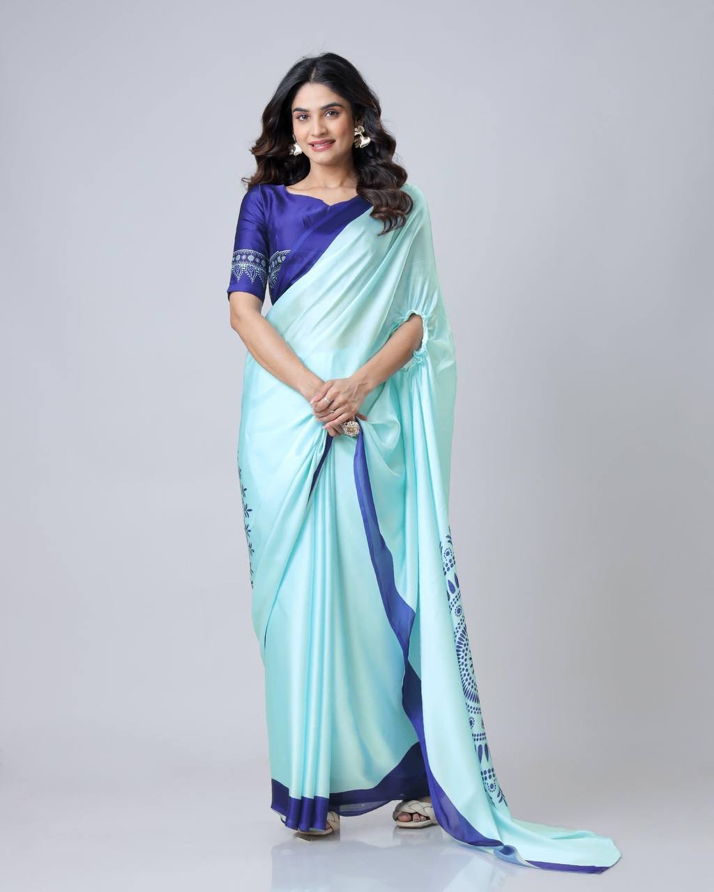 Teeya Creation Blue Color Japan Satin Silk Digital Print Ready To Wear Saree