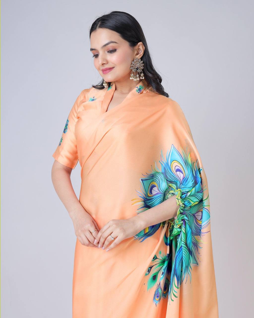 Teeya Creation Orange Color Japan Satin Silk Digital Print Ready To Wear Saree
