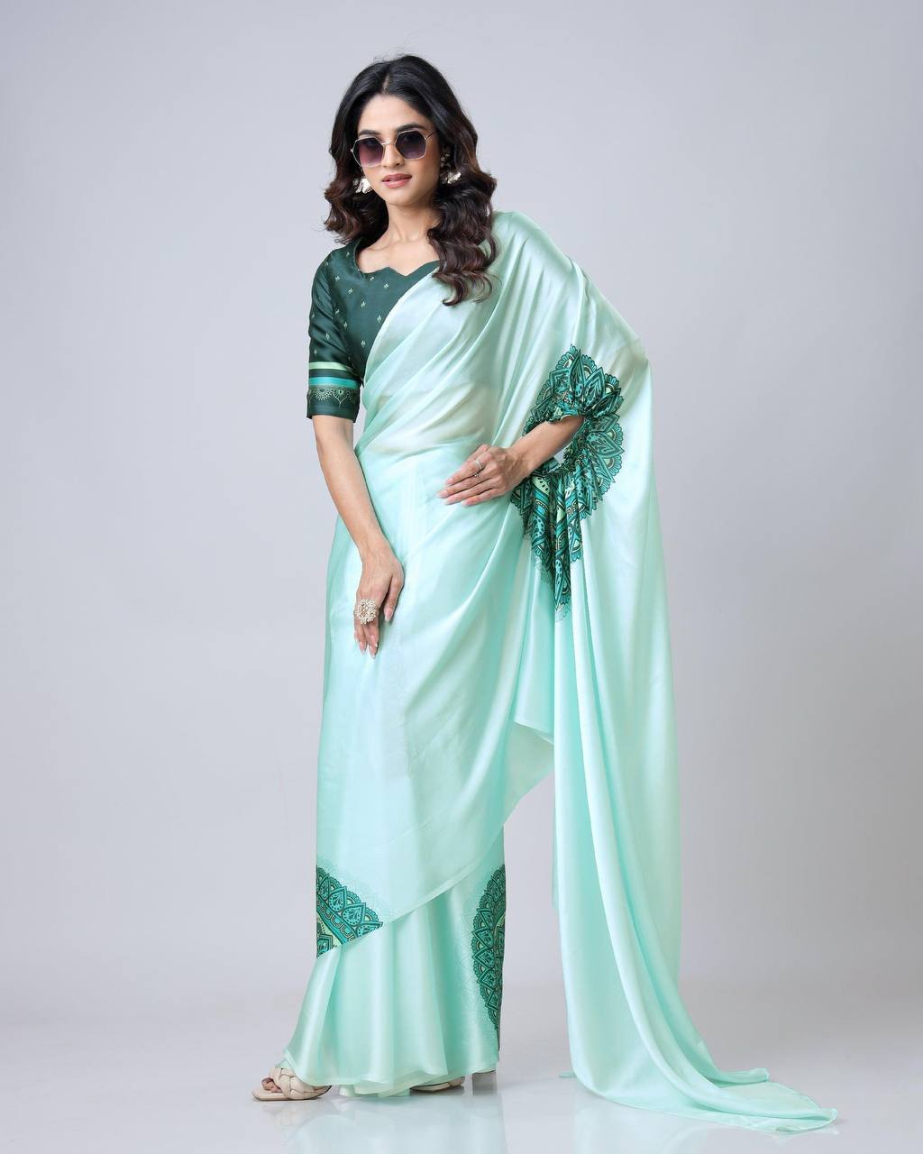 Teeya Creation Pista Color Japan Satin Silk Digital Print Ready To Wear Saree