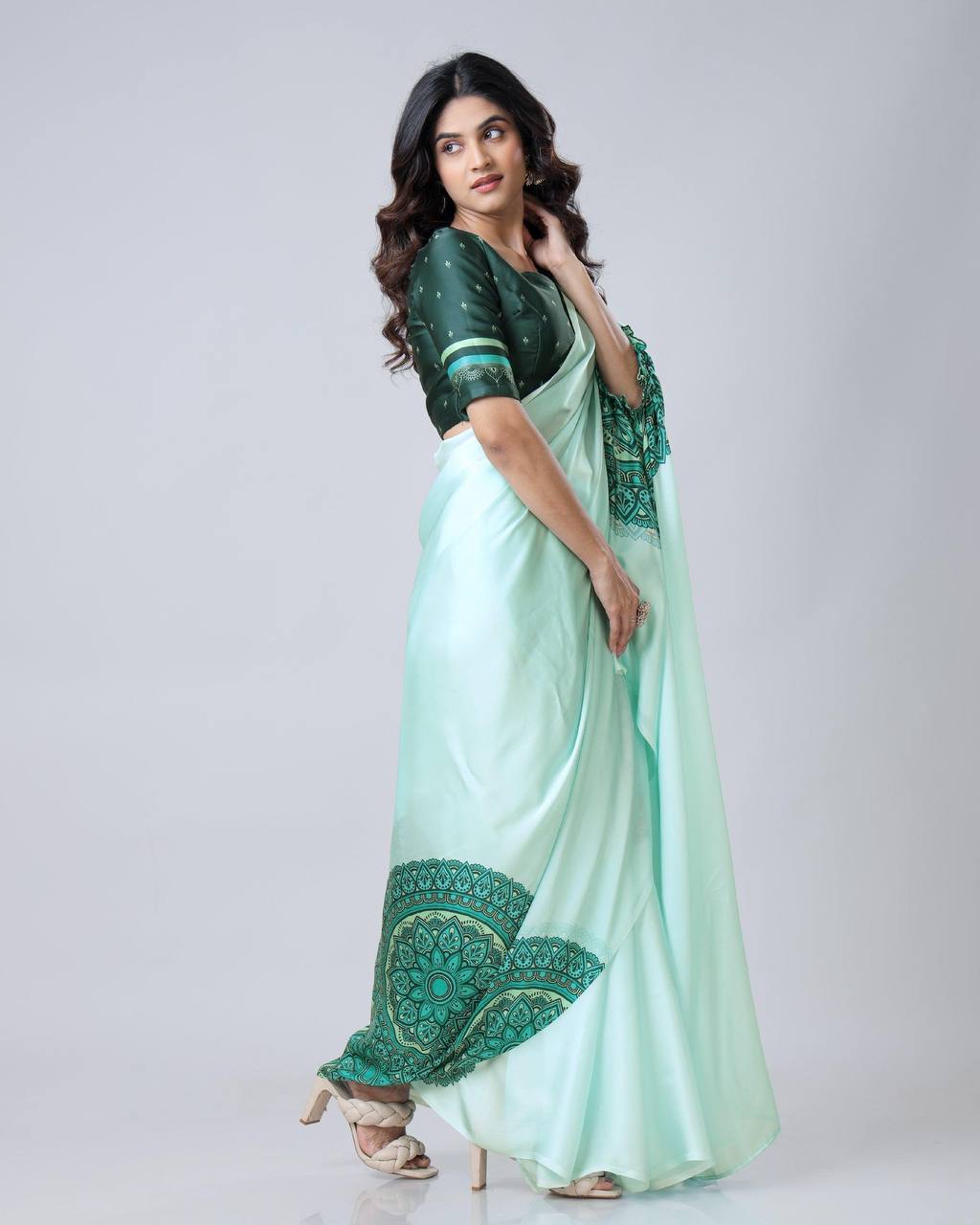 Teeya Creation Pista Color Japan Satin Silk Digital Print Ready To Wear Saree