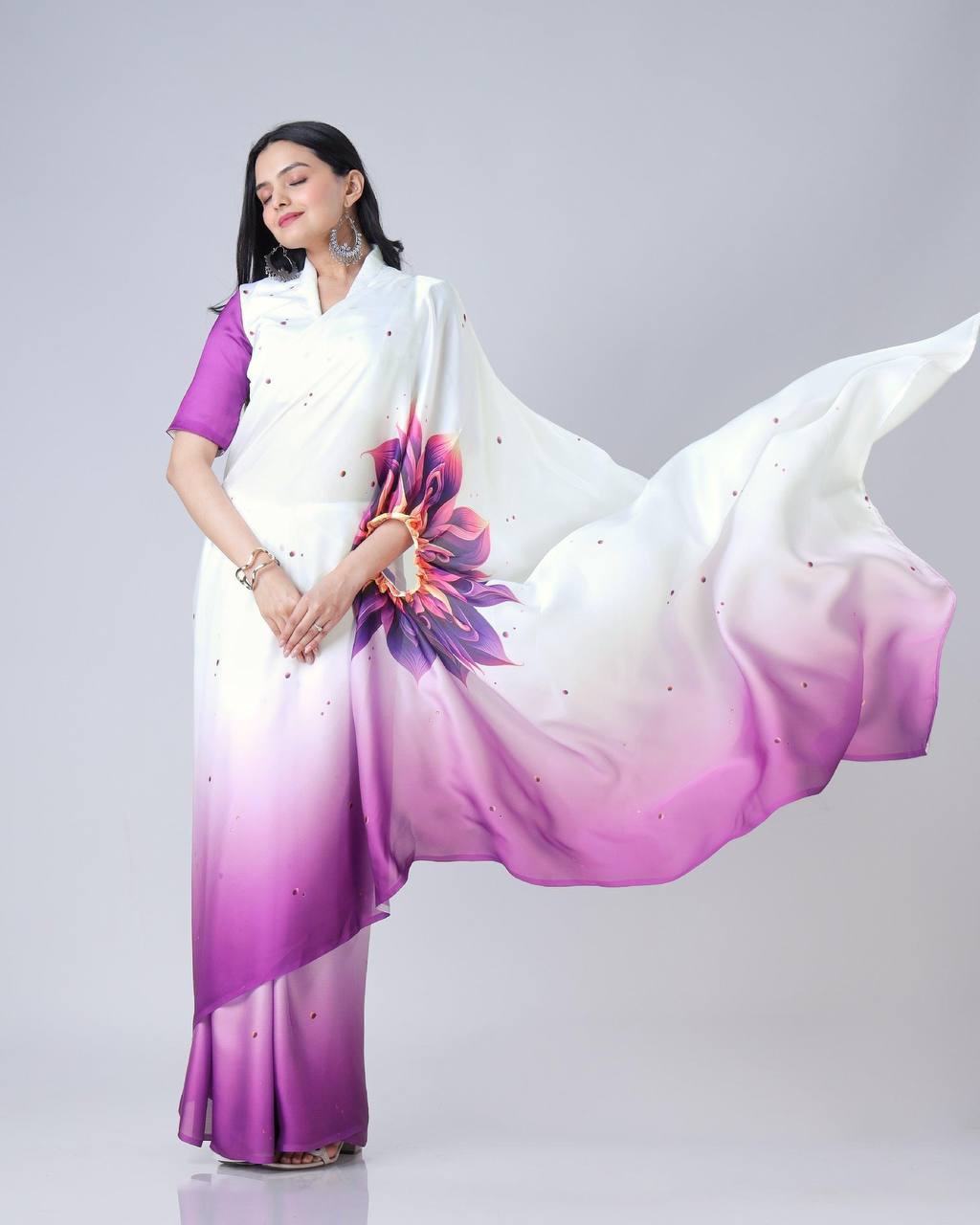 Teeya Creation Purple Color Japan Satin Silk Digital Print Ready To Wear Saree