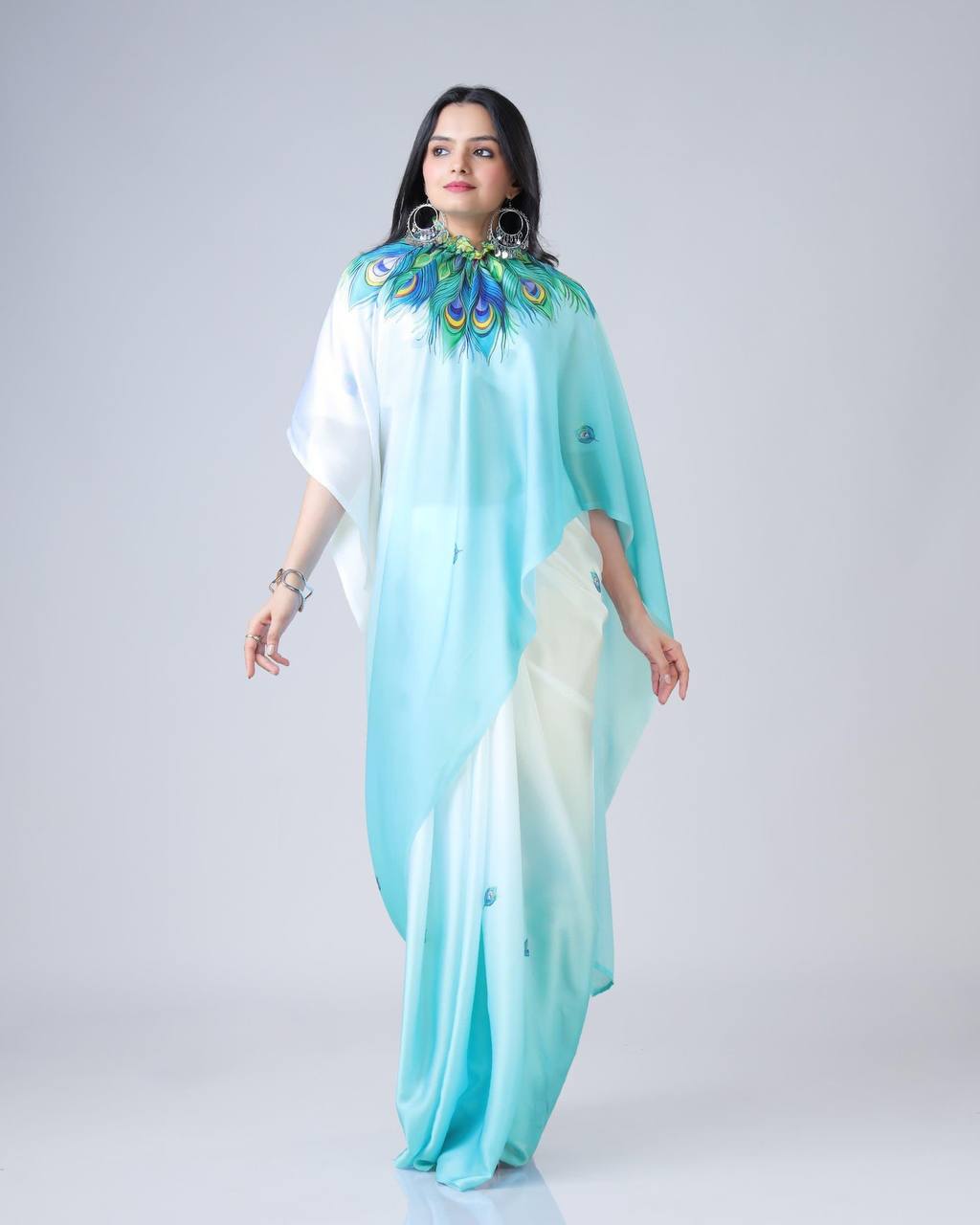 Teeya Creation Sky Color Japan Satin Silk Digital Print Ready To Wear Saree
