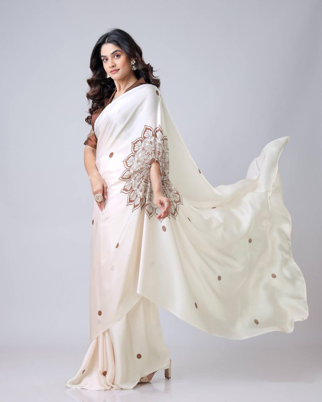 Teeya Creation White Color Japan Satin Silk Digital Print Ready To Wear Saree