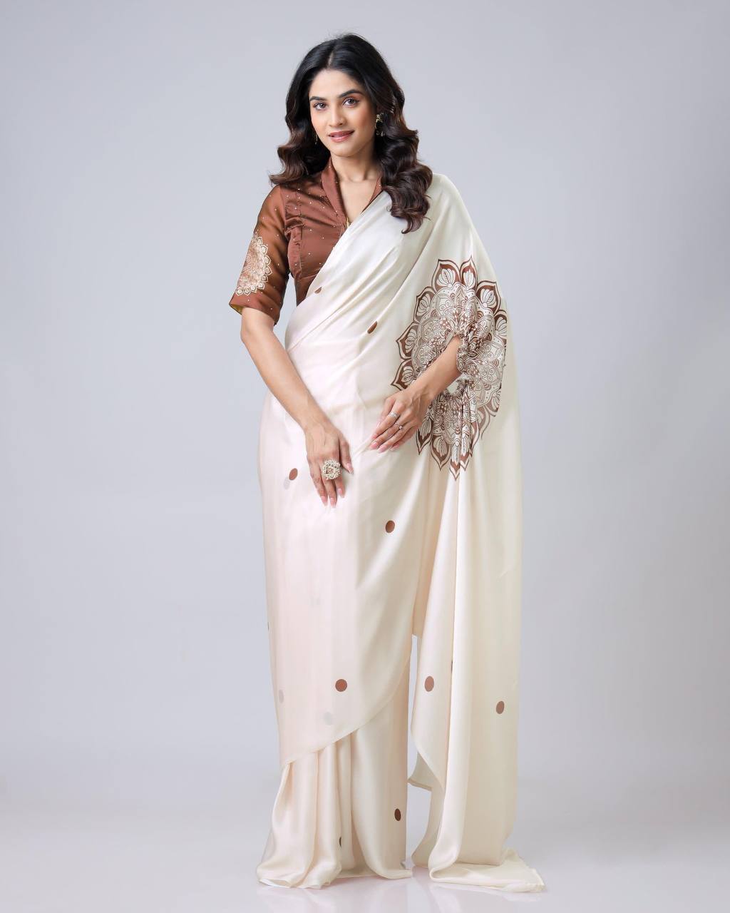 Teeya Creation White Color Japan Satin Silk Digital Print Ready To Wear Saree