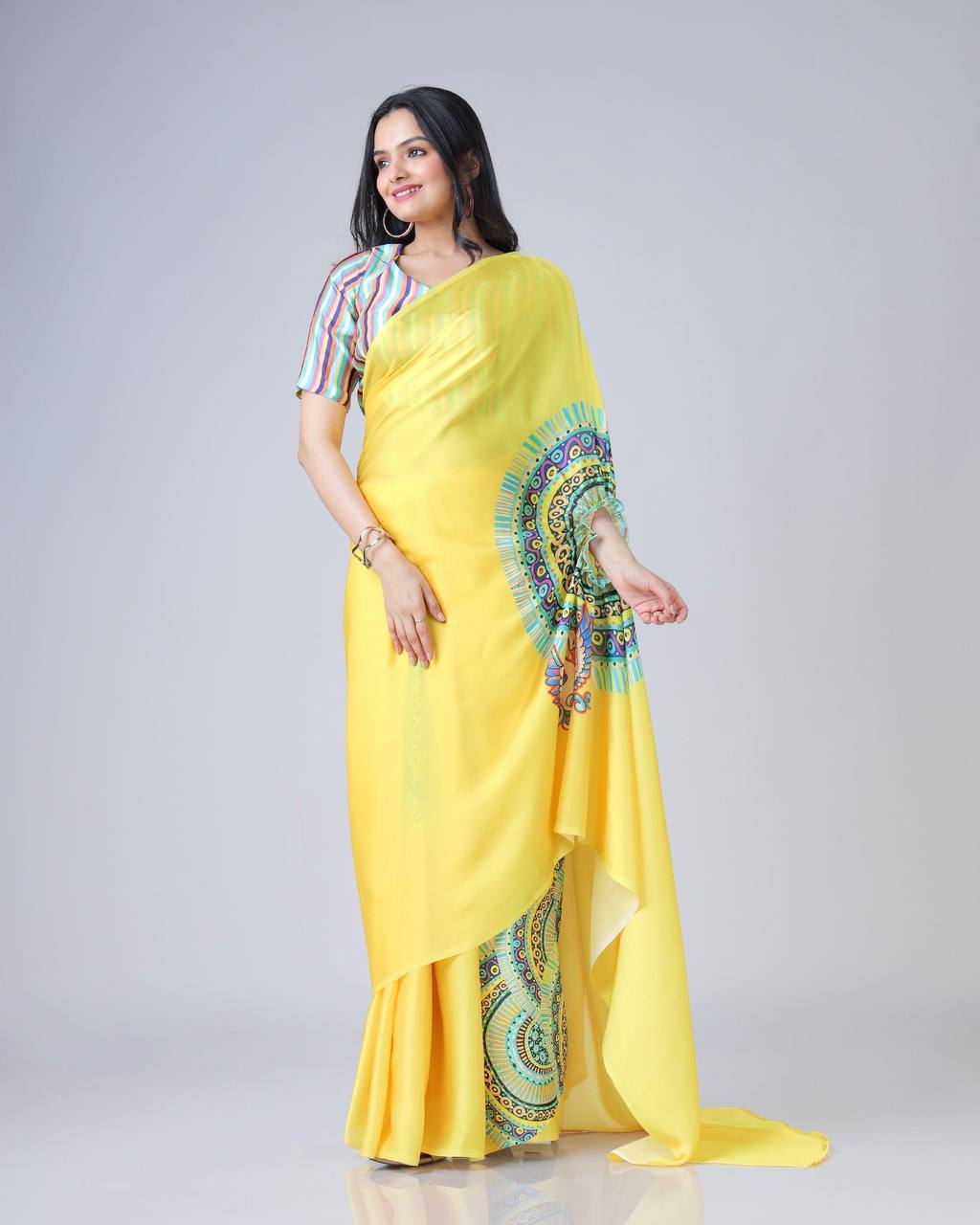 Teeya Creation Yellow Color Japan Satin Silk Digital Print Ready To Wear Saree