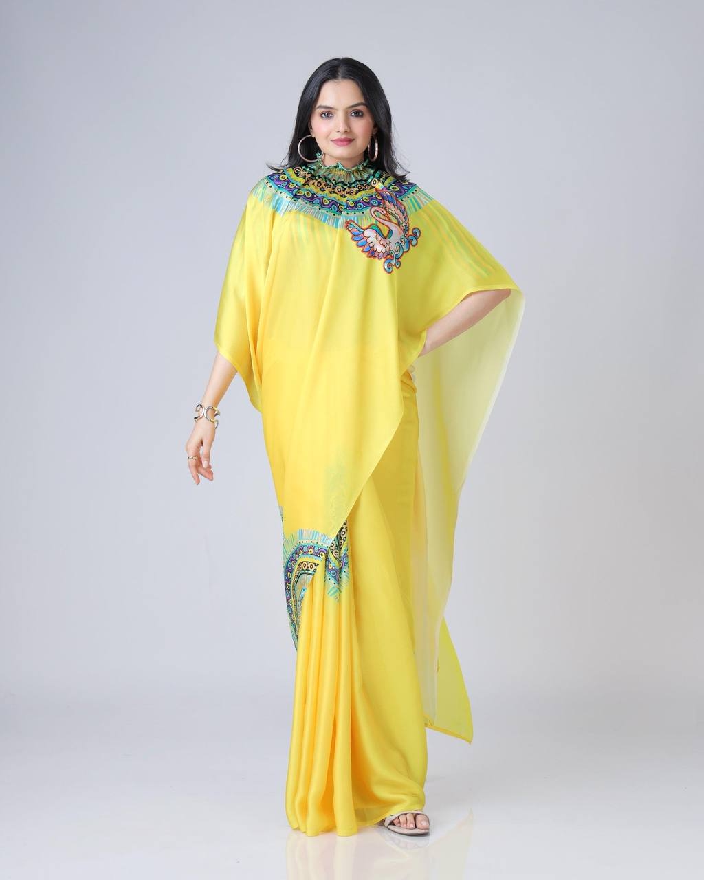 Teeya Creation Yellow Color Japan Satin Silk Digital Print Ready To Wear Saree