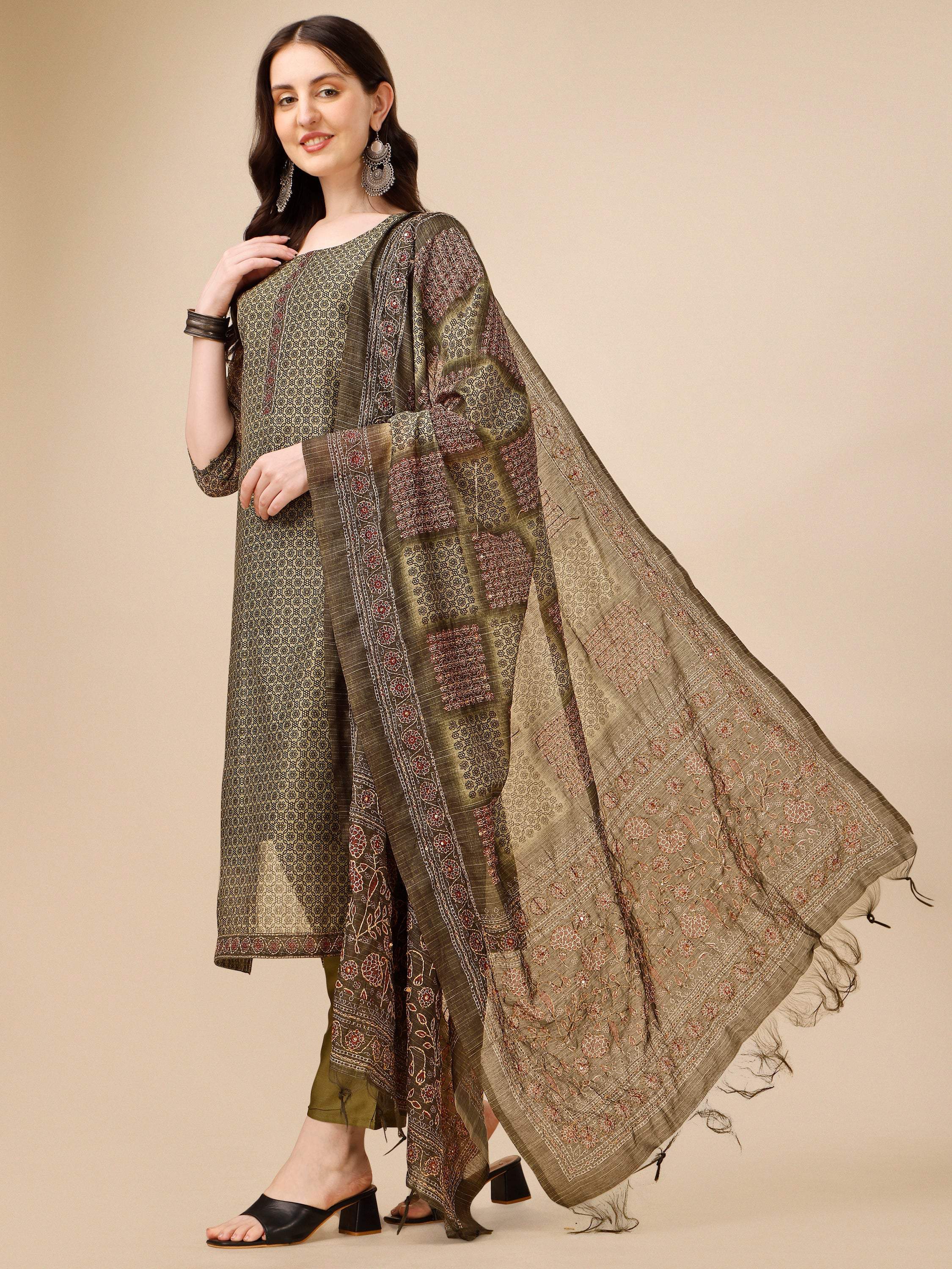 Printed Kurta With Pant And Dupatta Set, Multicolor - Hiral Fashion - Distacart