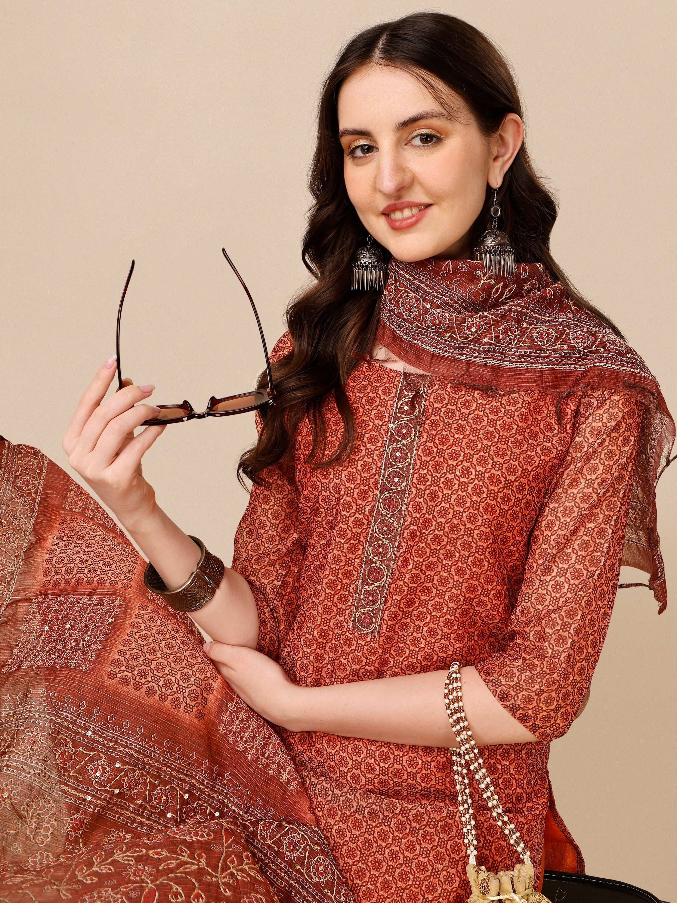 Printed Kurta With Pant And Dupatta Set, Multicolor - Hiral Fashion - Distacart