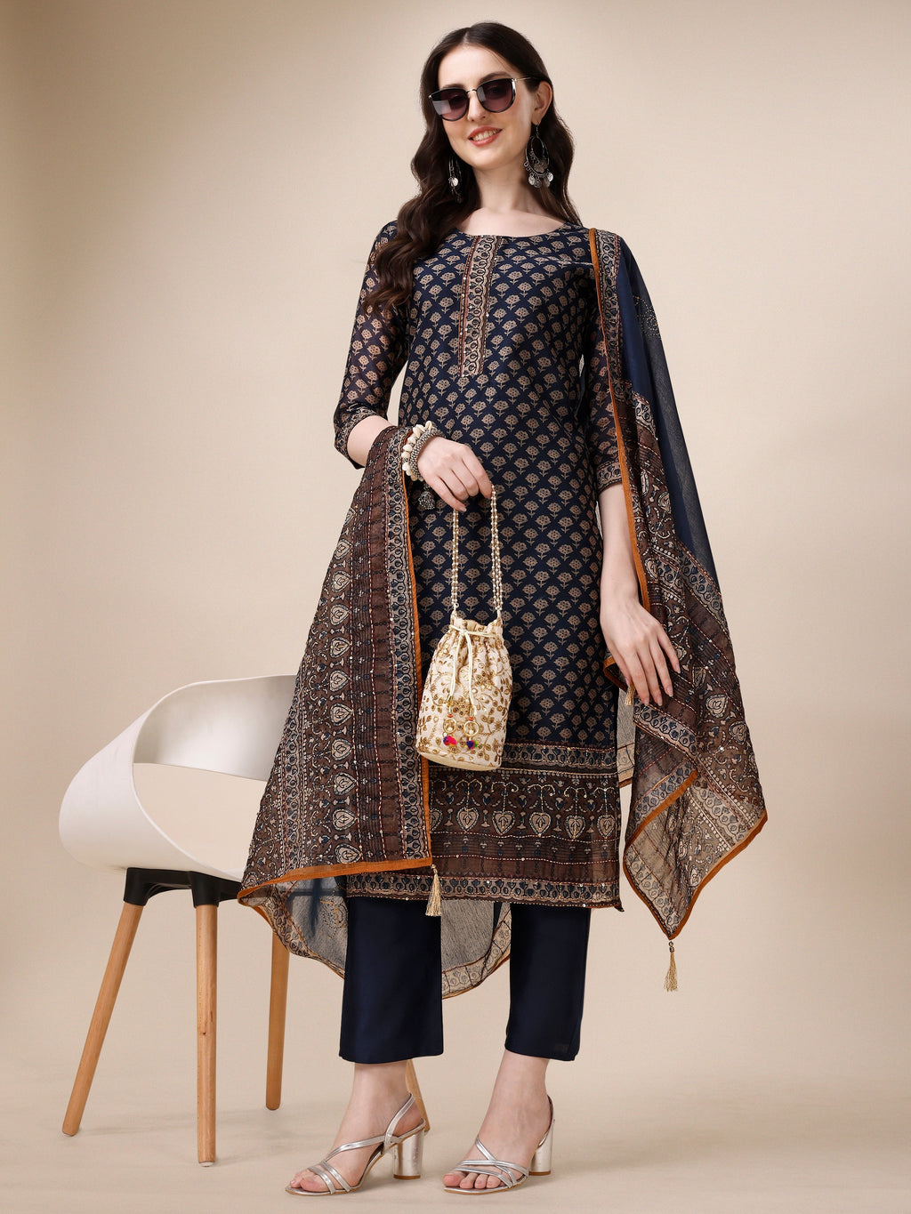 Printed Kurta With Pant And Dupatta Set, Multicolor - Hiral Fashion - Distacart