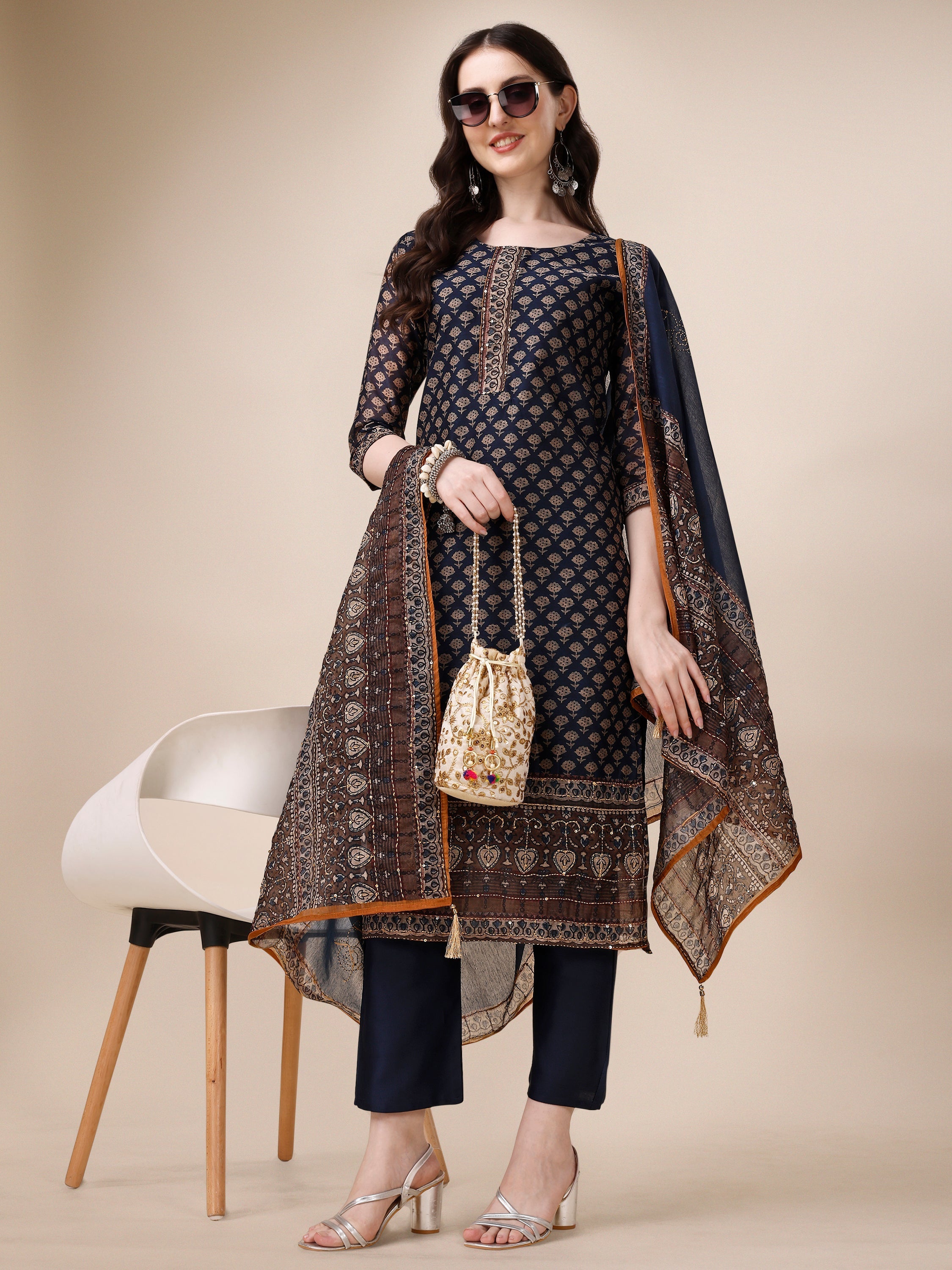 Printed Kurta With Pant And Dupatta Set, Multicolor - Hiral Fashion - Distacart